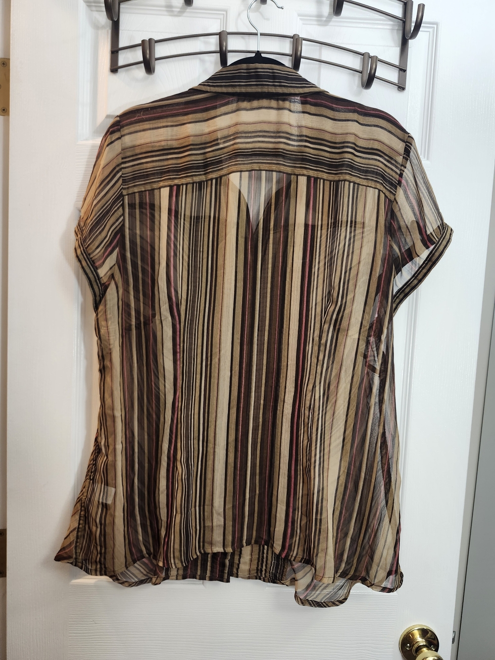 Avenue Sheer Striped Button-Down Blouse in Beige, Brown & Pink, ~ Torrid 3X - Picture 5 of 7